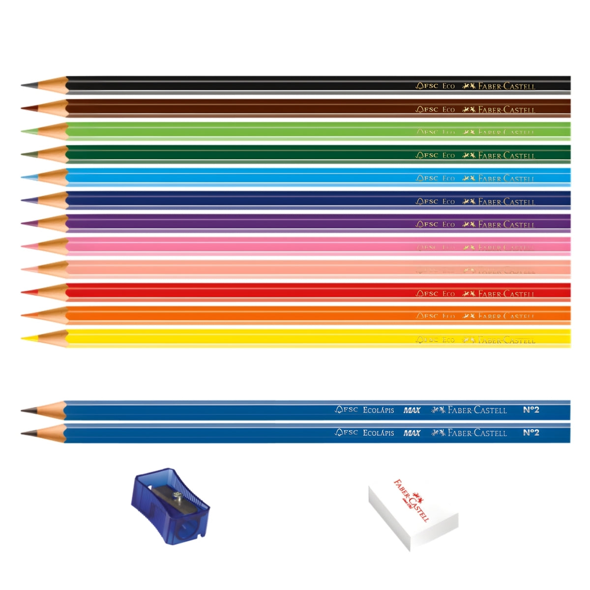 Estojo Lápis de Cor Ecolápis 12 Cores + 2 Grafites + Apontador e Borracha - Faber-castell 120112+2n