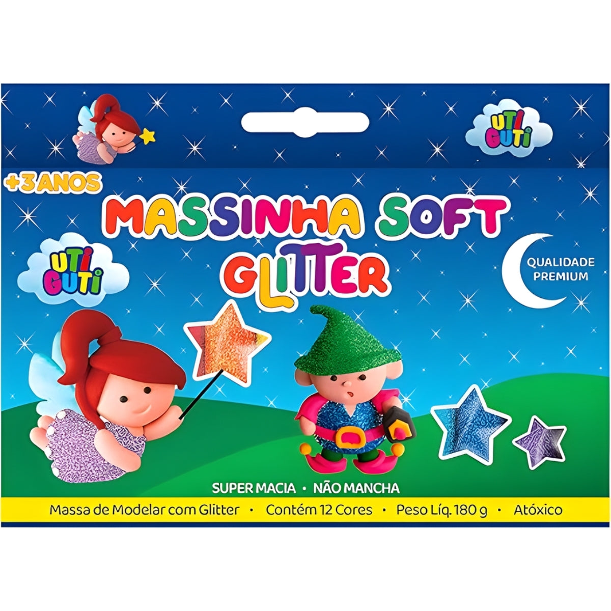 Estojo Massinha Soft para Modelar 180g com 12 Cores Glitter - Utiguti