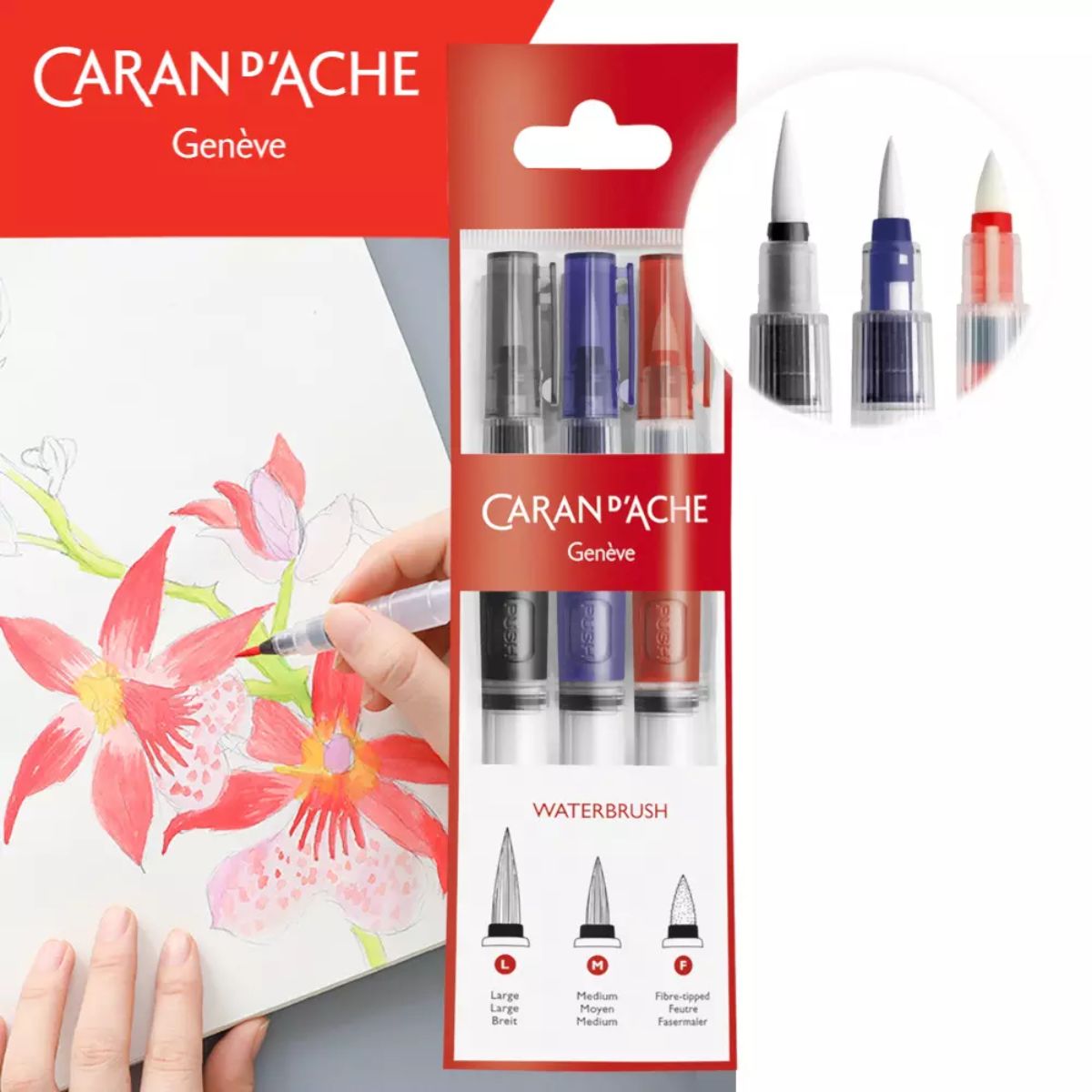Kit Pincel com Reservatório Caran D'ache Blush Aquarelável com 3 Unidades