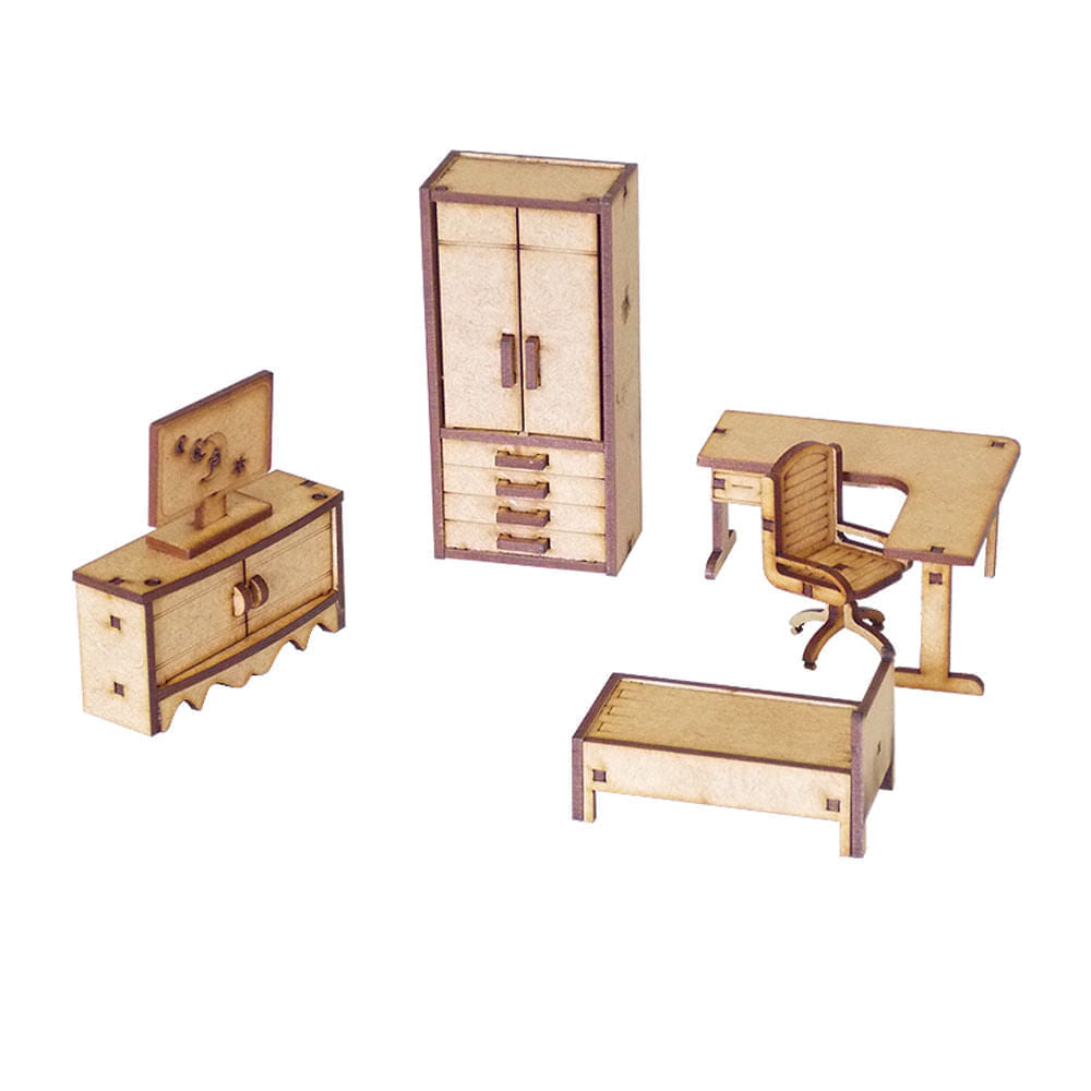 Kit Miniaturas Mdf Cru Quarto de Solteiro K2001 - Woodplan