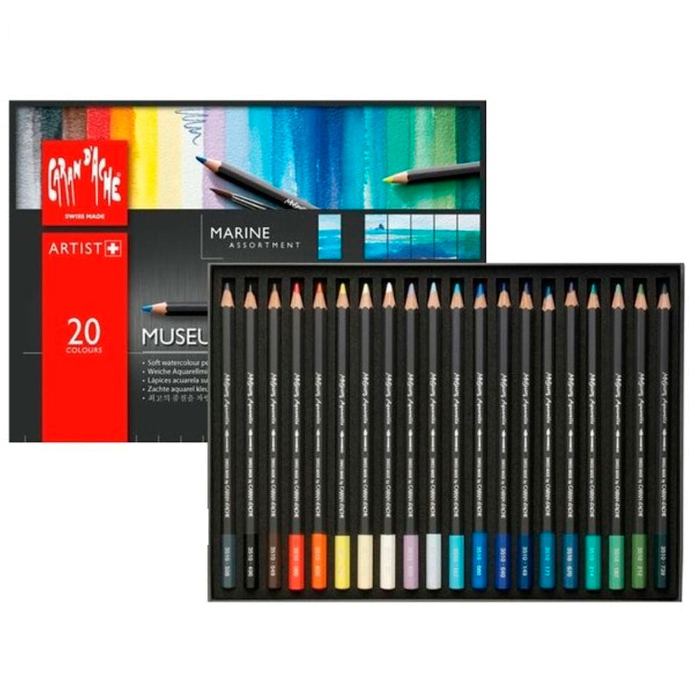Estojo Lápis de Cor Caran D'ache Museum Aquarelável com 20 Cores Marine