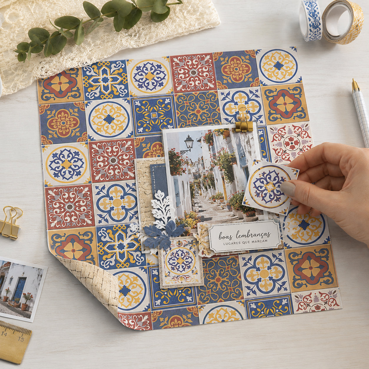 Papel para Scrapbook Dupla Face Azulejos Ii 30,5x30,5cm para Scrapbook e Papelaria Criativa Sd-0524 - Litoarte