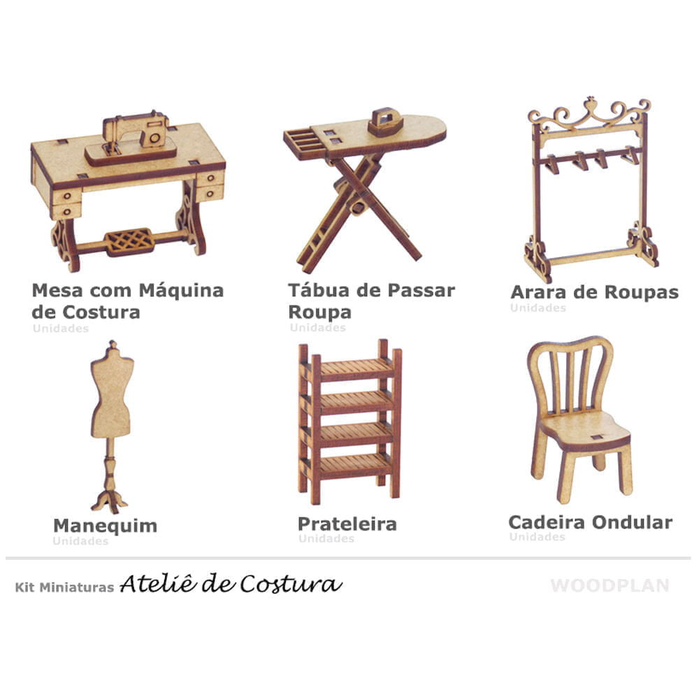 Kit Miniaturas Mdf Cru Ateliê de Costura K2013 - Woodplan