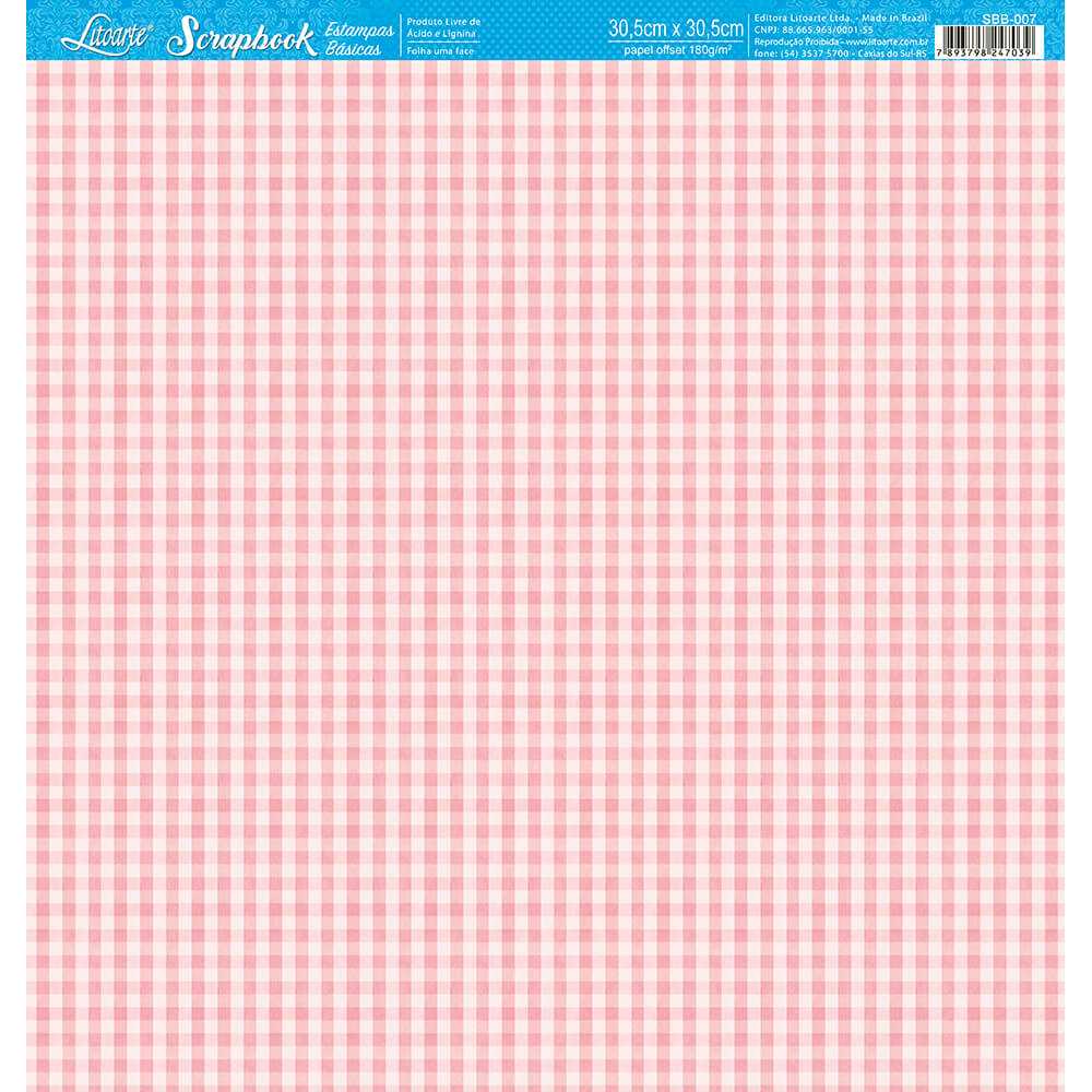 Papel para Scrapbook Estampas Basicas Xadrez Branco e Rosa 30,5x30,5cm para Scrapbook e Papelaria Criativa Sbb-007 - Litoarte