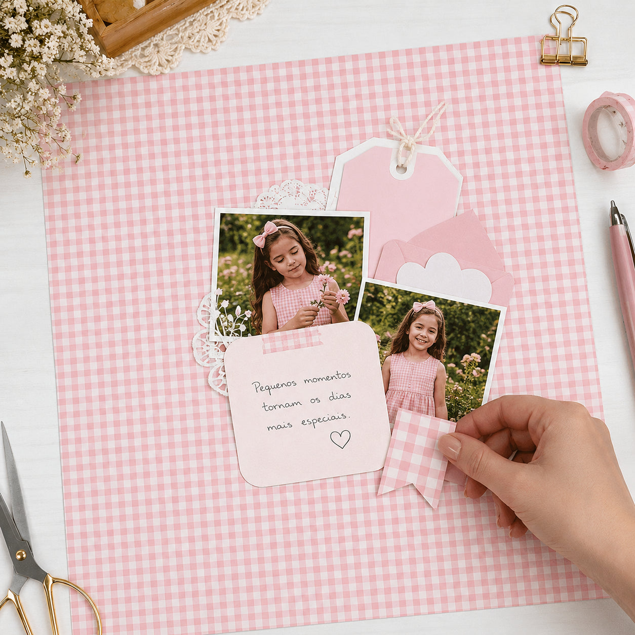 Papel para Scrapbook Estampas Basicas Xadrez Branco e Rosa 30,5x30,5cm para Scrapbook e Papelaria Criativa Sbb-007 - Litoarte