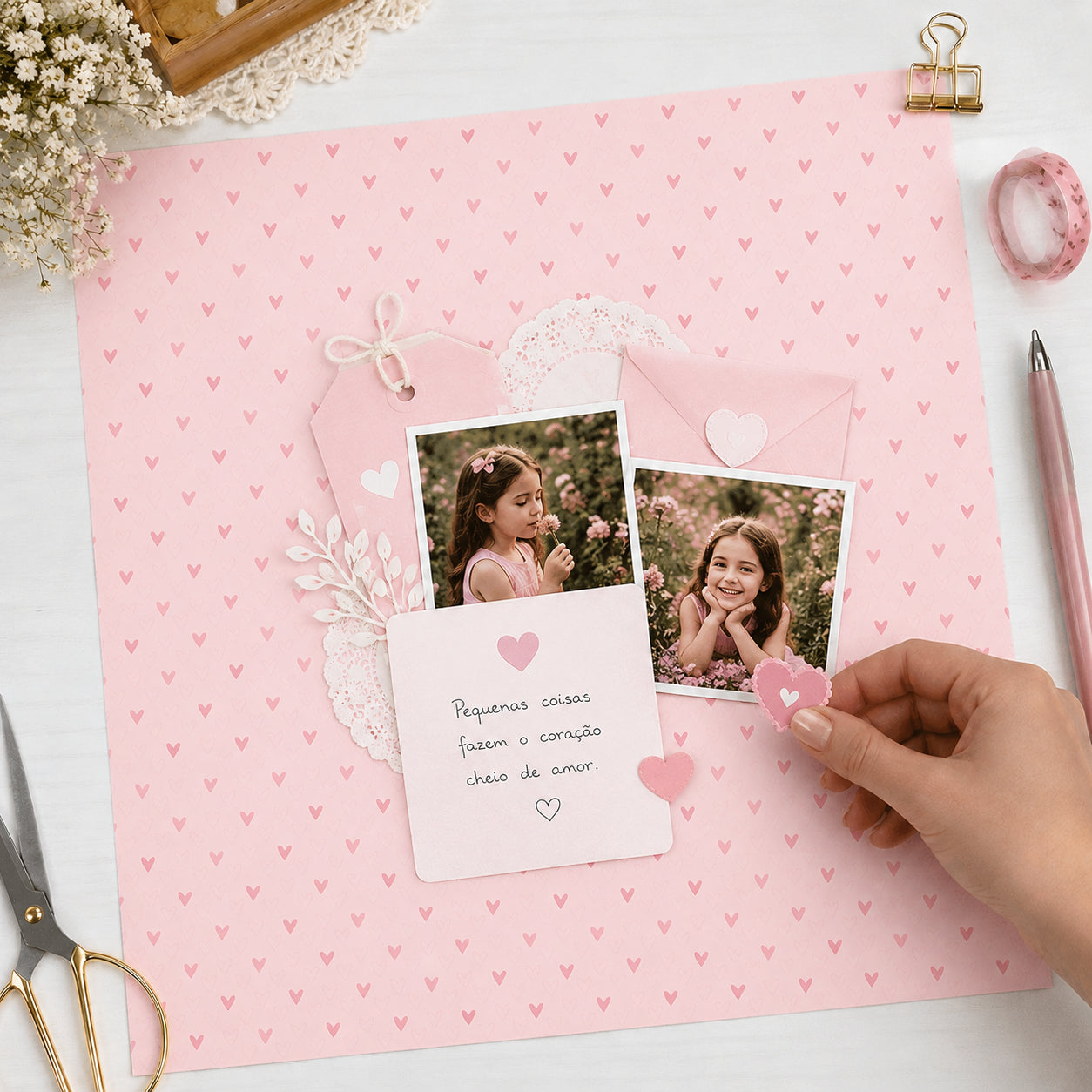 Papel para Scrapbook Estampas Basicas Corações Rosa Bebe 30,5x30,5cm para Scrapbook e Papelaria Criativa Sbb-002 - Litoarte