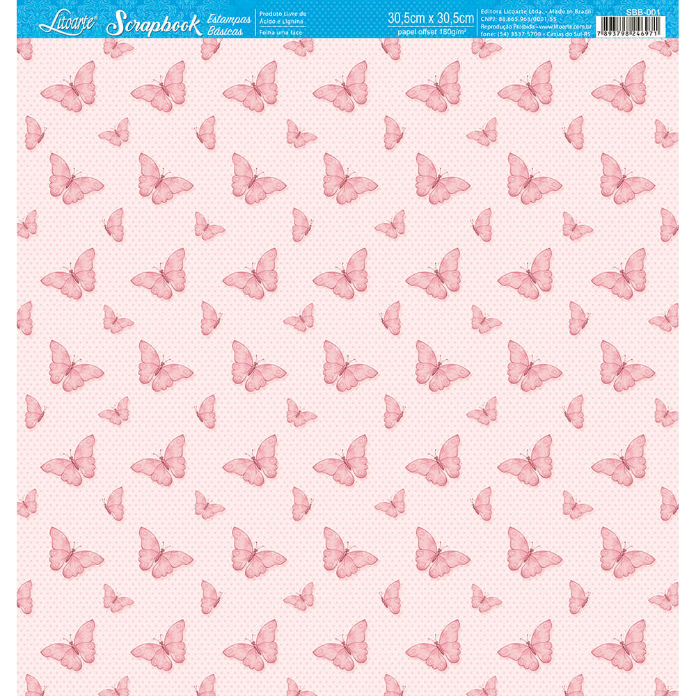 Papel para Scrapbook Estampas Basicas Borboleta Rosa Bebe 30,5x30,5cm para Scrapbook e Papelaria Criativa Sbb-001 - Litoarte