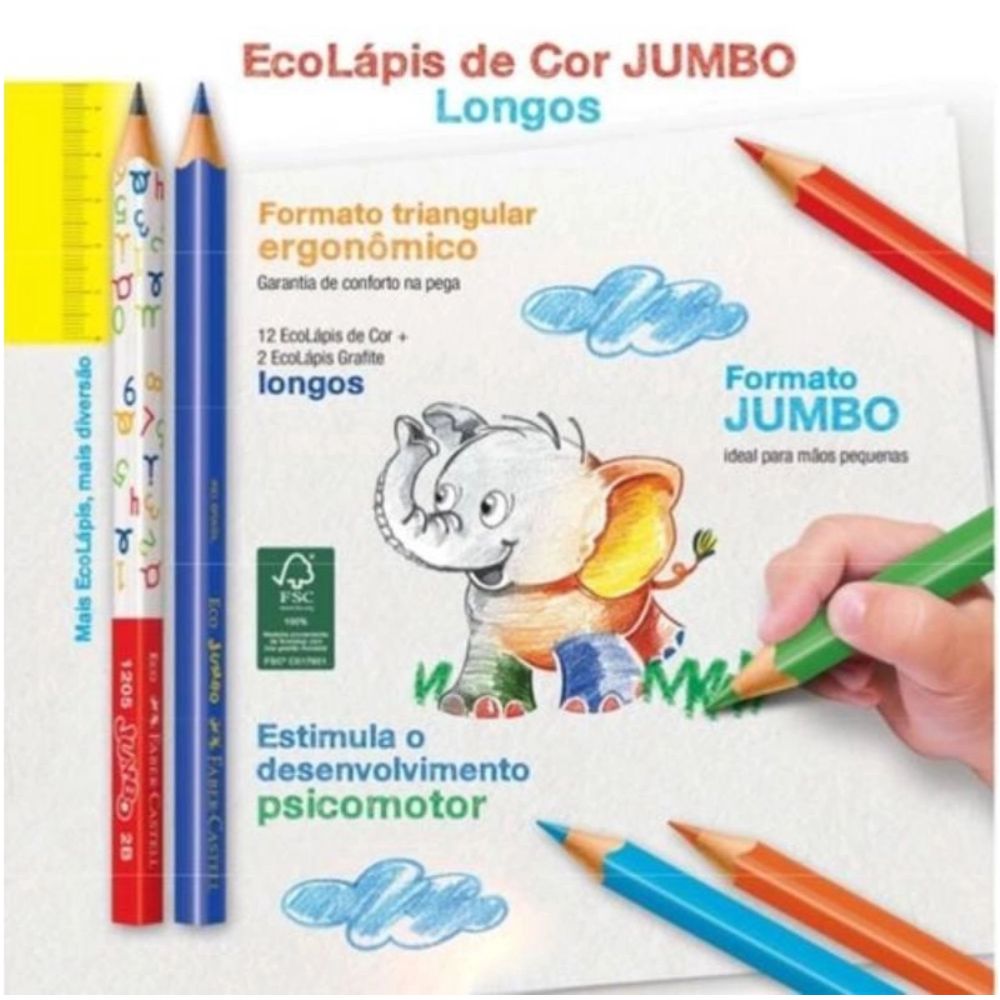 Lápis de Cor Ecolápis Jumbo Triangular 12 Cores + 2 Grafites com 14 Unidades - Faber-castell 125012+2
