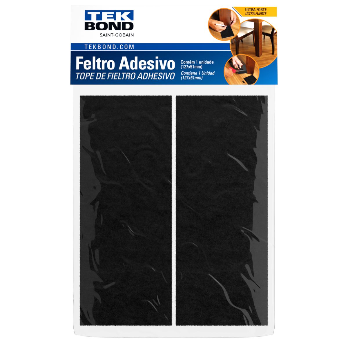 Feltro Adesivo Tekbond Retangular 127x51mm - Preto com 2 Unidades