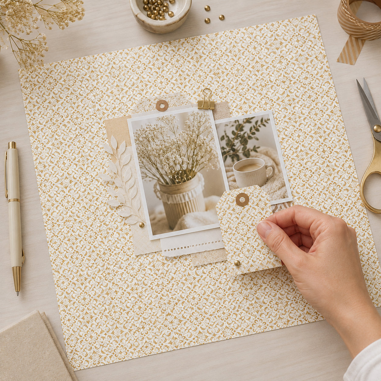 Papel para Scrapbook com Hot Stamping Renda Branco Dourado para Scrapbook e Papelaria Criativa Sh30-031 - Litoarte