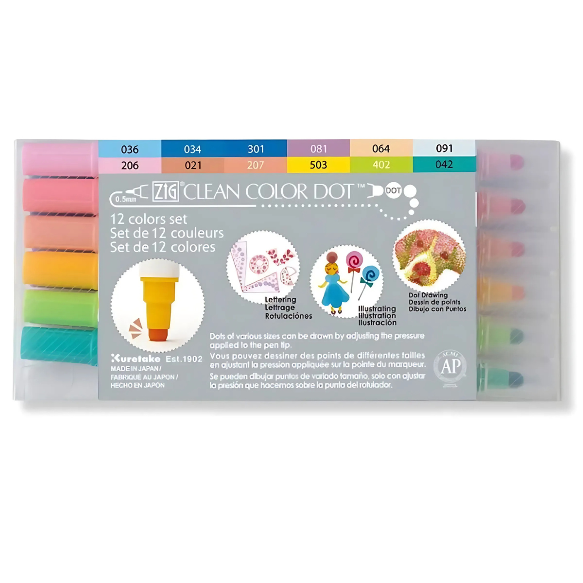 Estojo Caneta Dot Color Kuretake Ponta Zig Zag Dual com 12 Cores