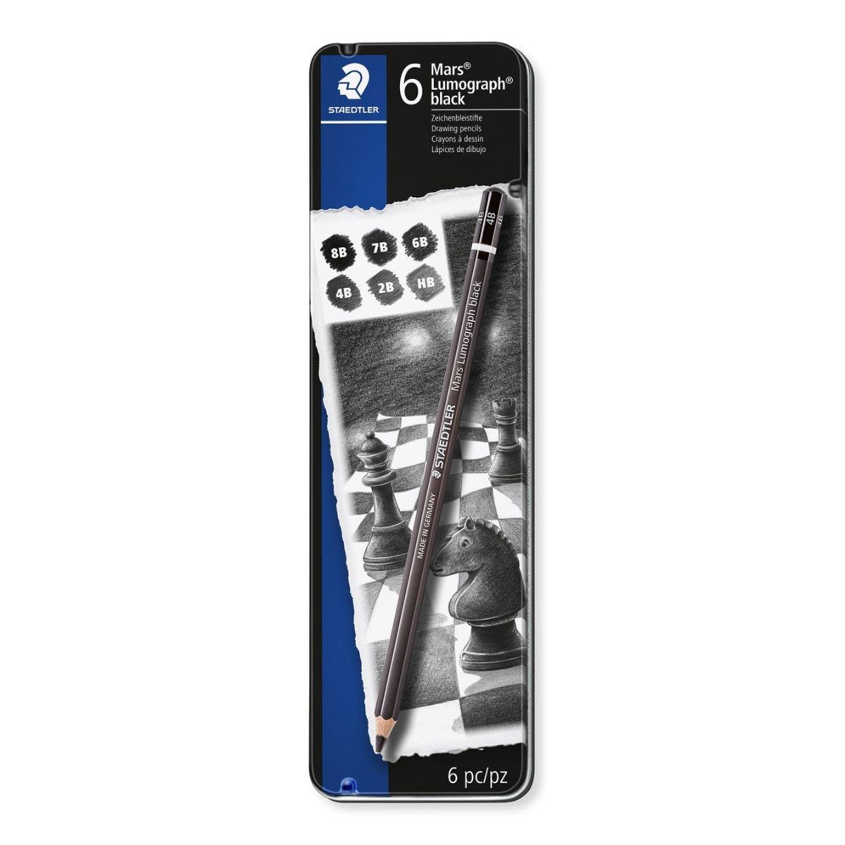 Estojo em Lata de Lápis Grafite Staedtler Mars Lumograph Black com 6 Unidades