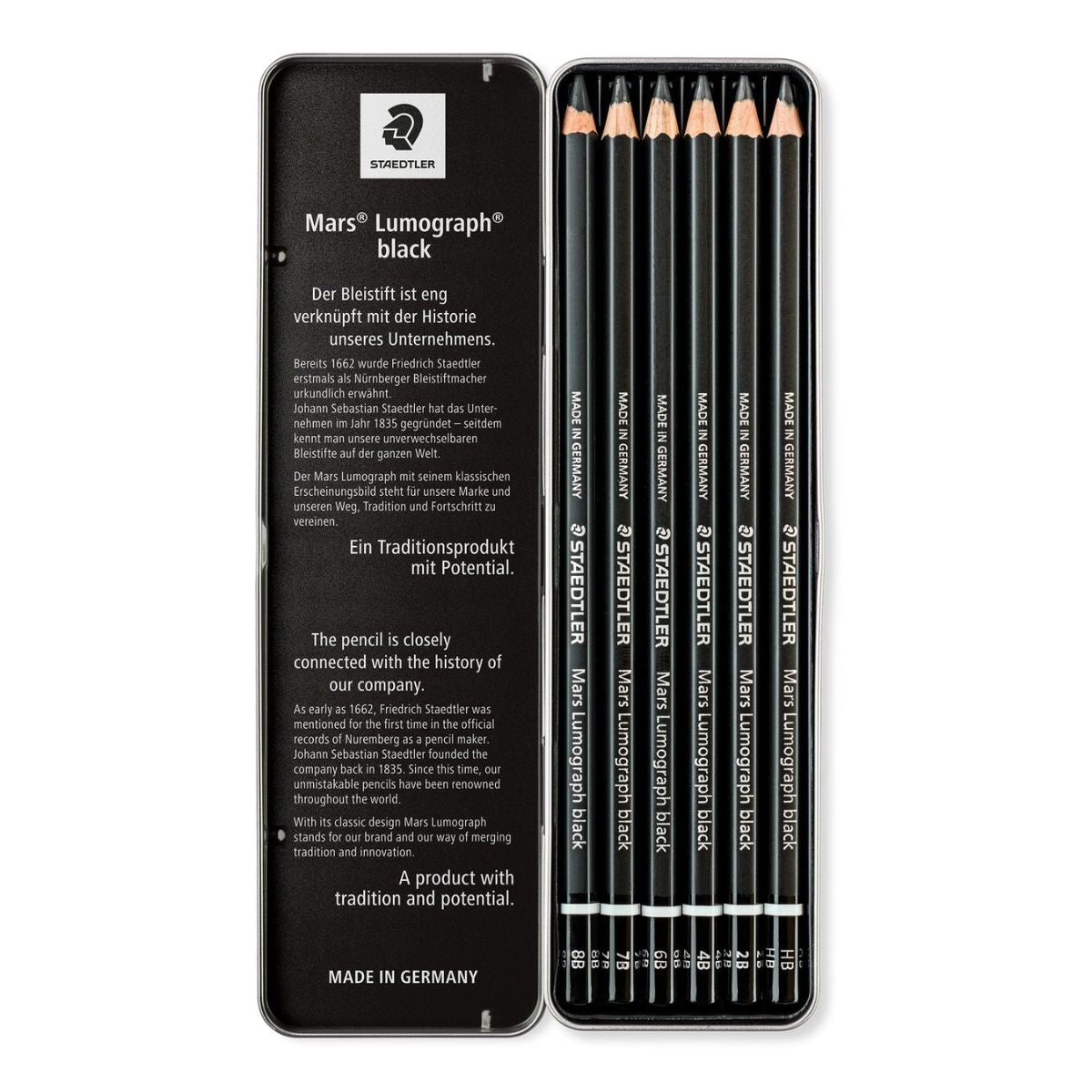 Estojo em Lata de Lápis Grafite Staedtler Mars Lumograph Black com 6 Unidades