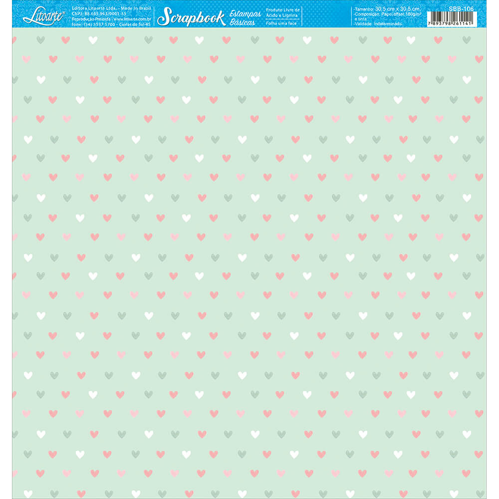 Papel para Scrapbook Estampas Basicas Corações Coloridos Fundo Verde 30,5x30,5cm para Scrapbook e Papelaria Criativa Sbb-106 - Litoarte