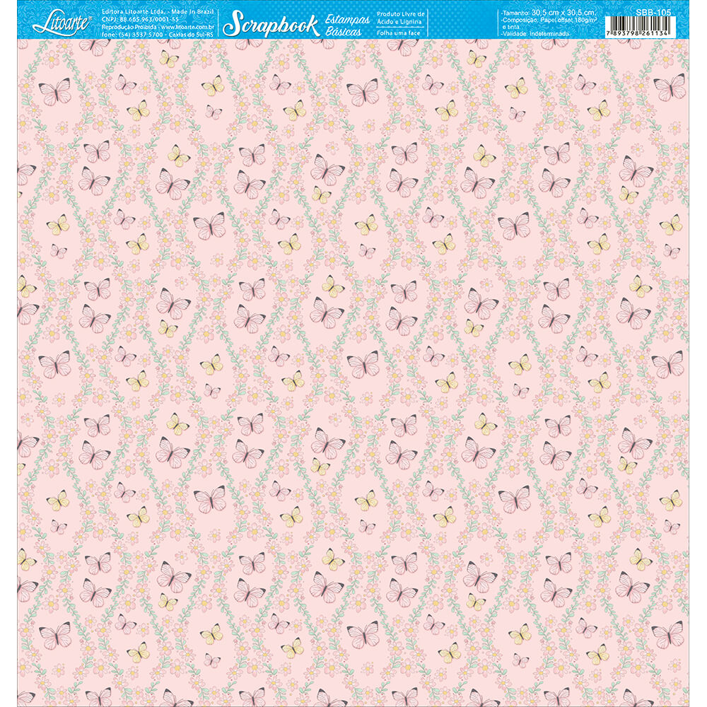 Papel para Scrapbook Estampas Basicas Borboletas e Florzinhas 30,5x30,5cm para Scrapbook e Papelaria Criativa Sbb-105 - Litoarte
