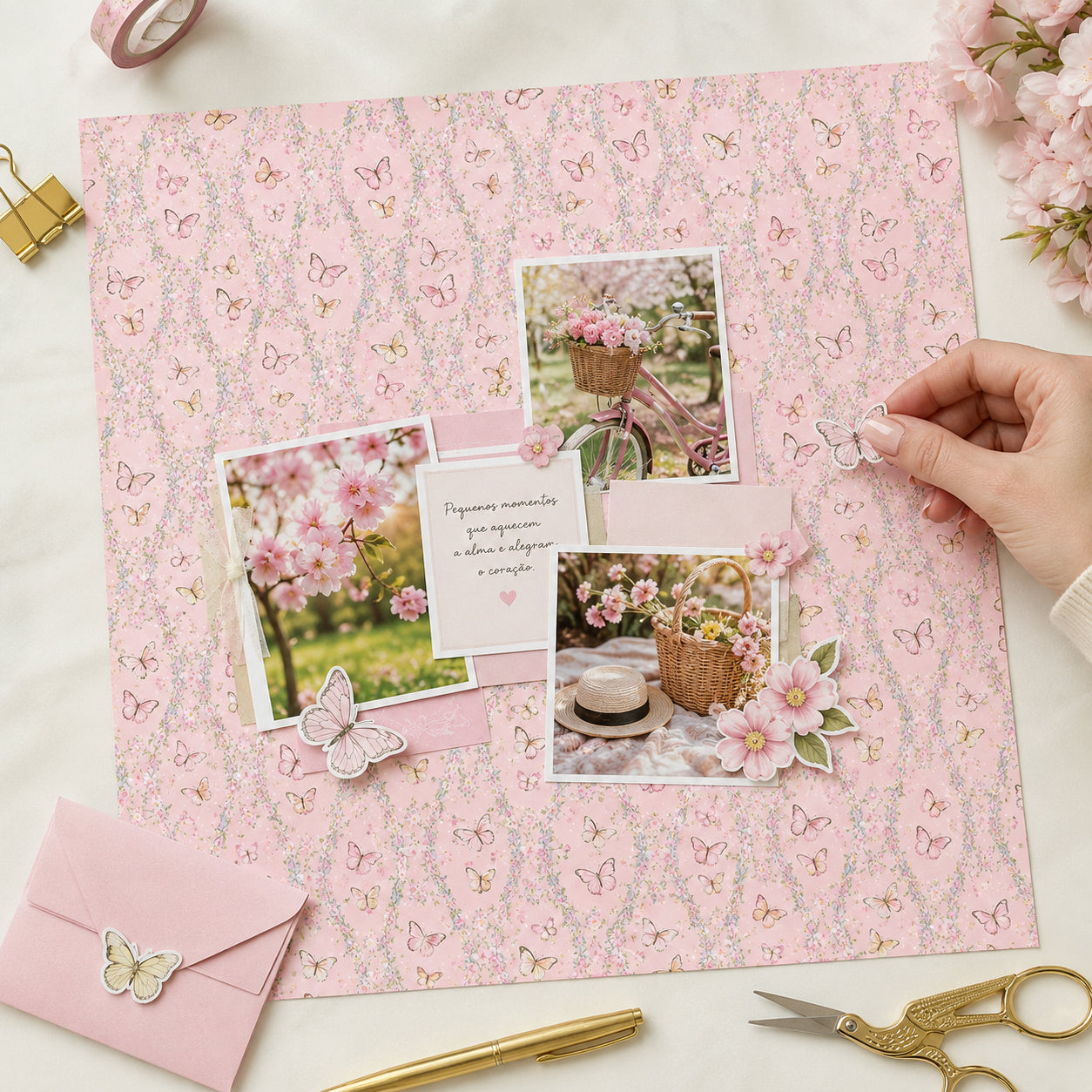 Papel para Scrapbook Estampas Basicas Borboletas e Florzinhas 30,5x30,5cm para Scrapbook e Papelaria Criativa Sbb-105 - Litoarte