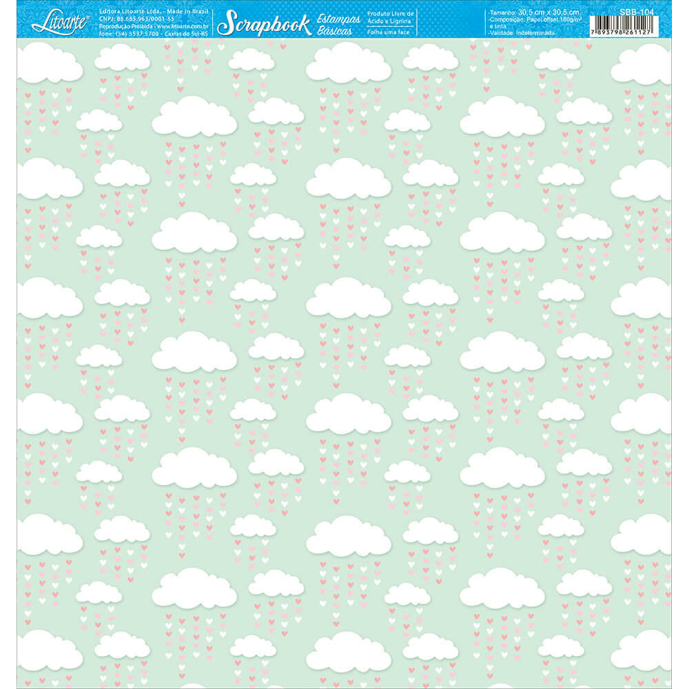 Papel para Scrapbook Estampas Basicas Chuva de Bênçãos Fundo Verde 30,5x30,5cm para Scrapbook e Papelaria Criativa Sbb-104 - Litoarte