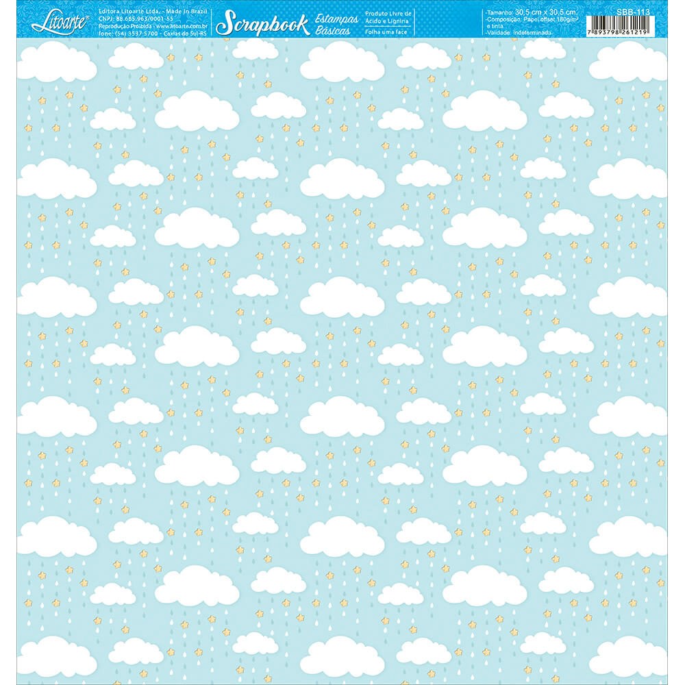 Papel para Scrapbook Estampas Basicas Chuva de Bênçãos Fundo Azul 30,5x30,5cm para Scrapbook e Papelaria Criativa Sbb-113 - Litoarte