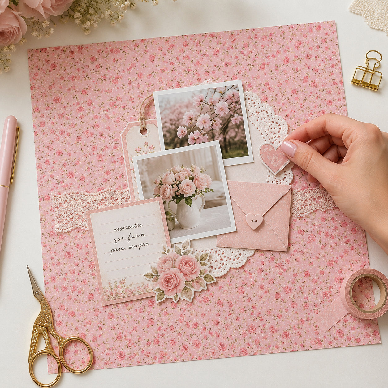 Papel para Scrapbook Estampas Basicas Rosas 30,5x30,5cm para Scrapbook e Papelaria Criativa Sbb-083 - Litoarte
