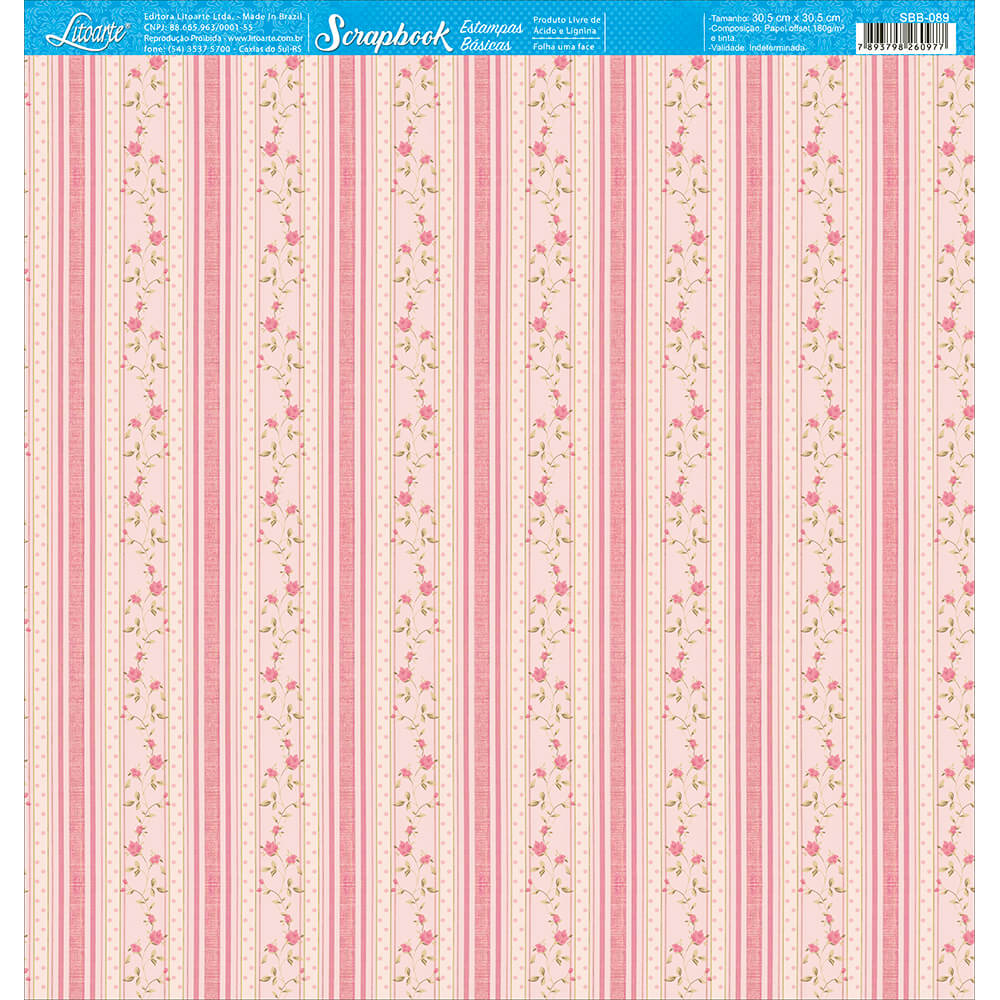 Papel para Scrapbook Estampas Basicas Listrado com Rosas 30,5x30,5cm para Scrapbook e Papelaria Criativa Sbb-089 - Litoarte