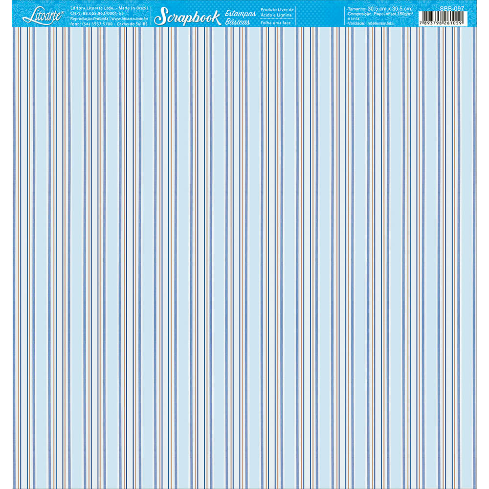 Papel para Scrapbook Estampas Basicas Listras Azul e Marrom 30,5x30,5cm para Scrapbook e Papelaria Criativa Sbb-097 - Litoarte