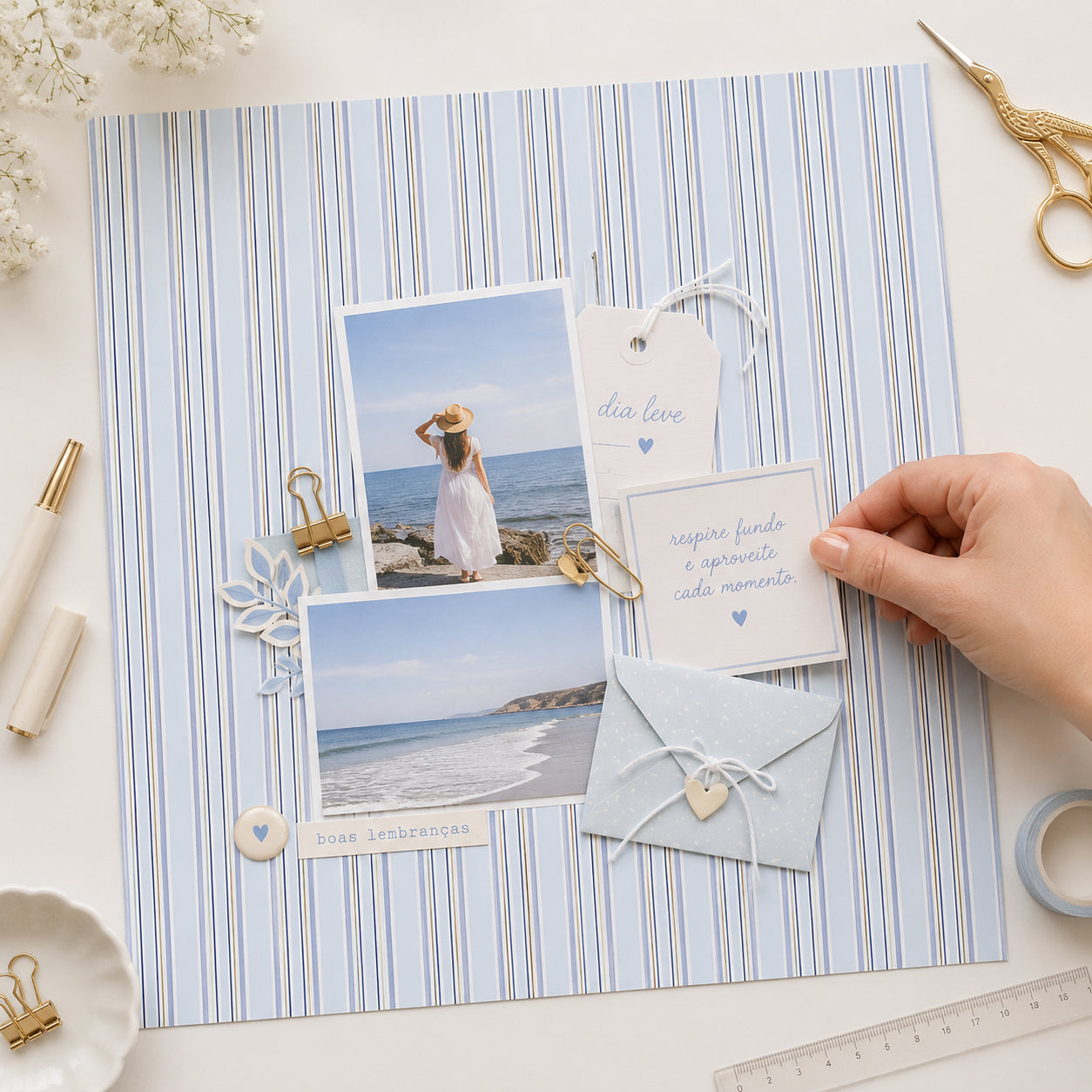 Papel para Scrapbook Estampas Basicas Listras Azul e Marrom 30,5x30,5cm para Scrapbook e Papelaria Criativa Sbb-097 - Litoarte