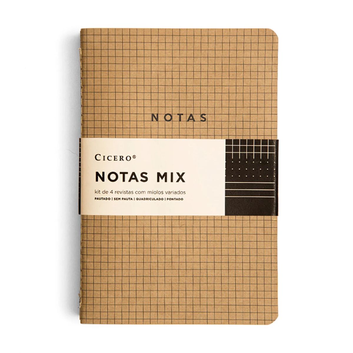Caderno Revista Kraft Cicero Mix sem Pauta, Pautado, Quadriculado e Pontado com 4 Unidades 