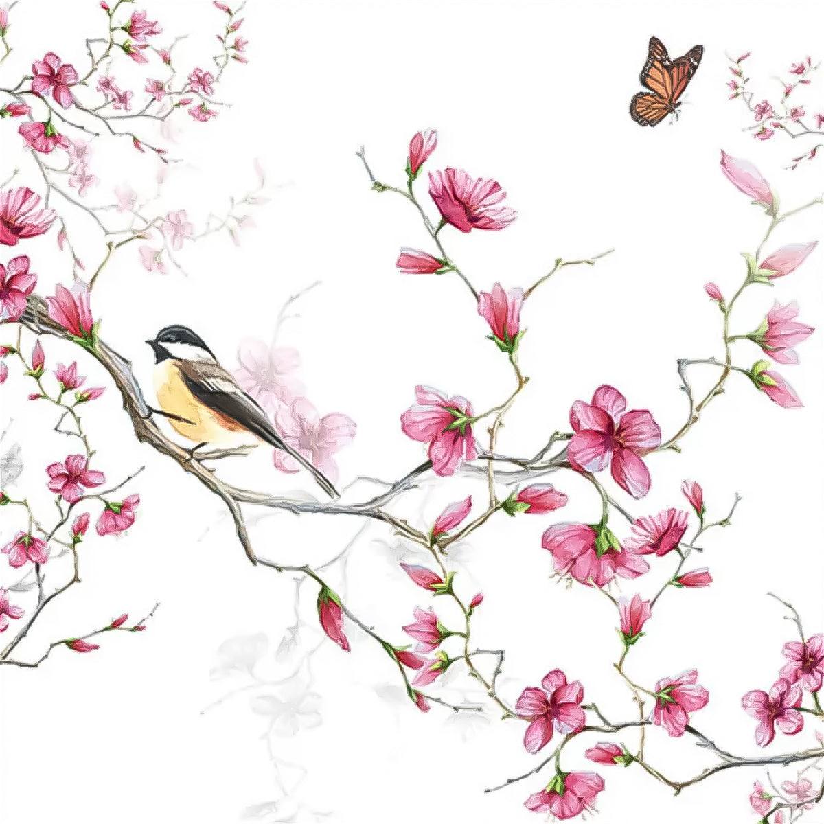 Guardanapo Para Decoupage Ambiente 33X33Cm Com 2 Unidades - Pássaro e Flor Branco