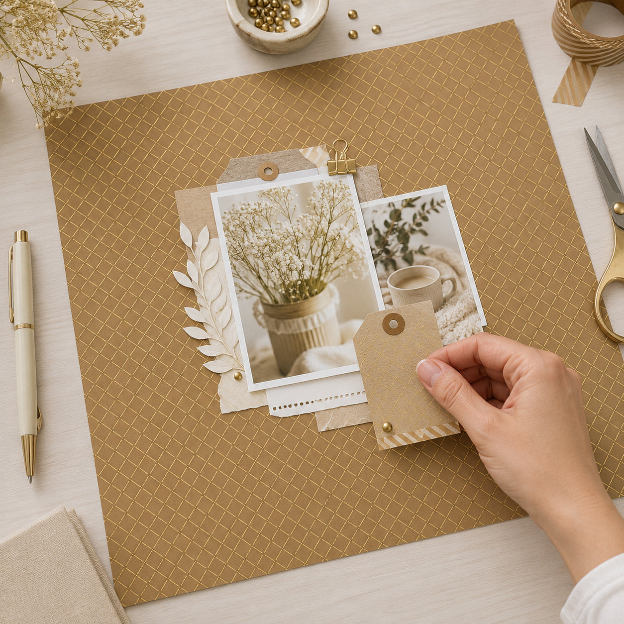 Papel para Scrapbook com Hot Stamping Xadrez Marrom Dourado para Scrapbook e Papelaria Criativa Sh30-026 - Litoarte