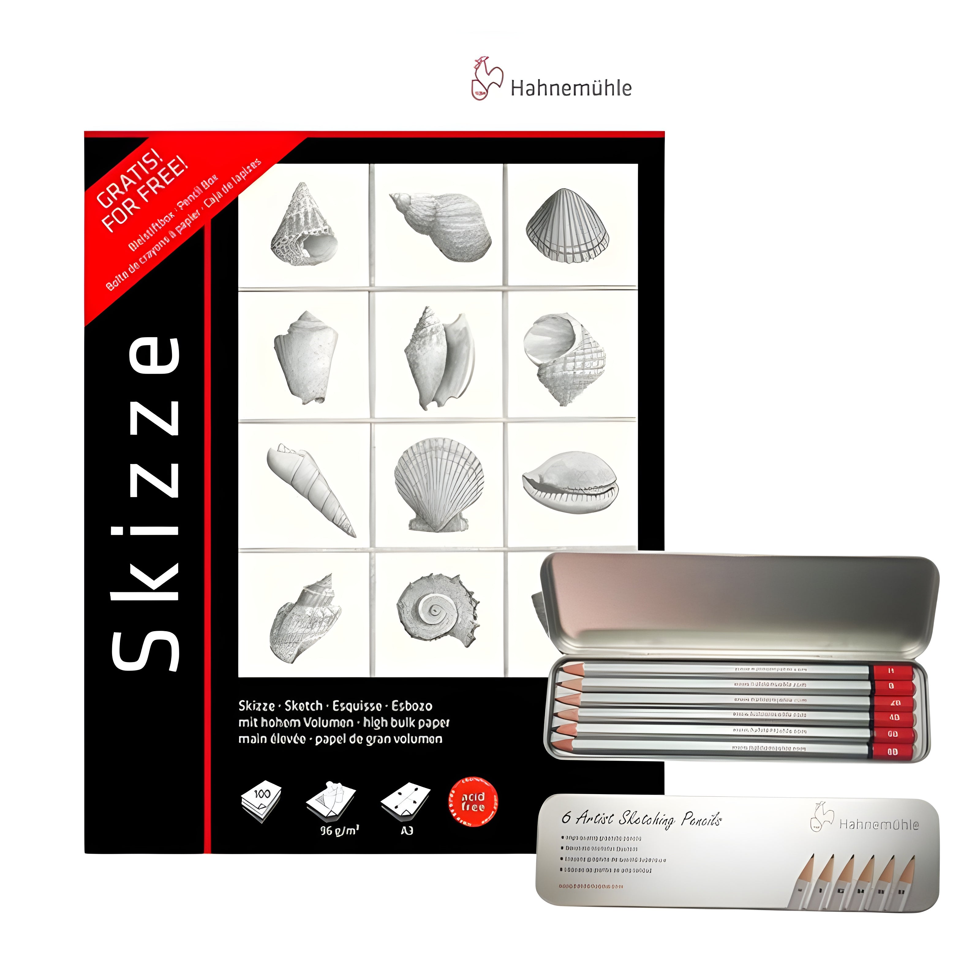 Bloco de Desenho Skizze A3 96g com 100 Folhas + Estojo com 6 Lápis Hahnemühle
