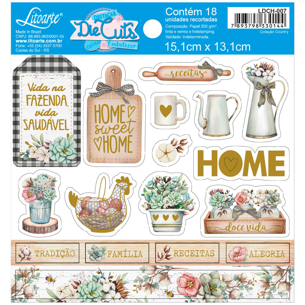 Die Cuts Apliques Recortados em Papel C Hot Stamping Coleção Country 15,1x13,1cm para Scrapbook e Scrapdecor Ldch-007 - Litoarte