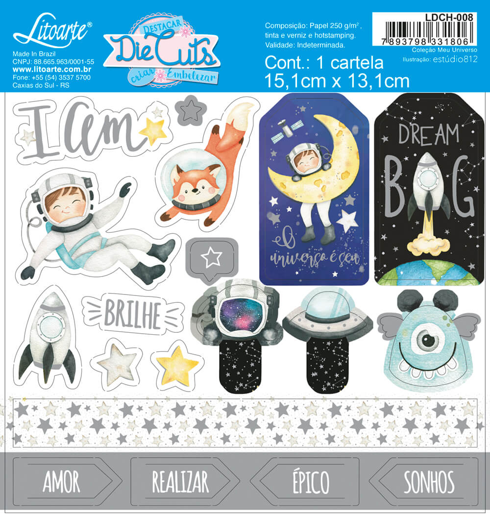 Die Cuts Apliques Recortados em Papel C Hot Stamping Coleção Meu Universo 15,1x13,1cm para Scrapbook e Scrapdecor Ldch-008 - Litoarte