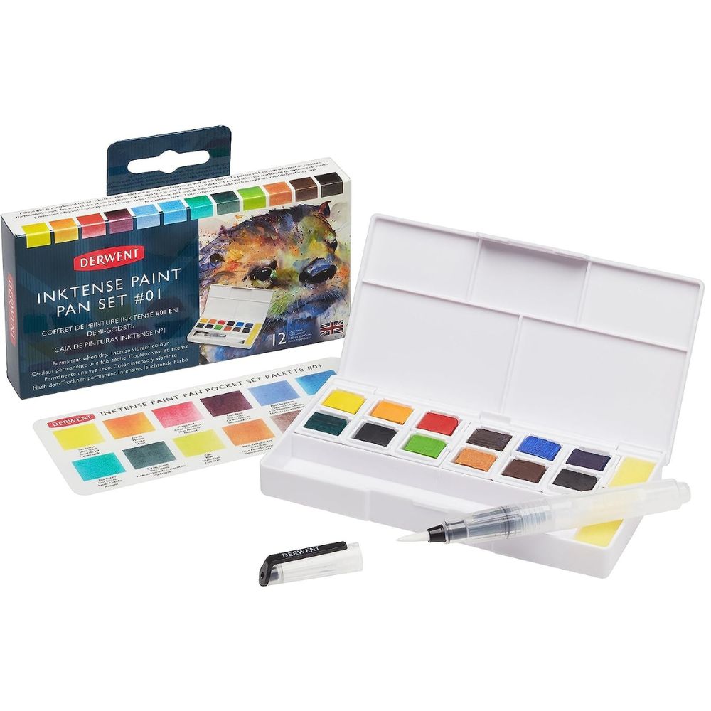 Estojo Aquarela em Pastilha Inktense com 12 Cores e Pincel Set 01 - Derwent  