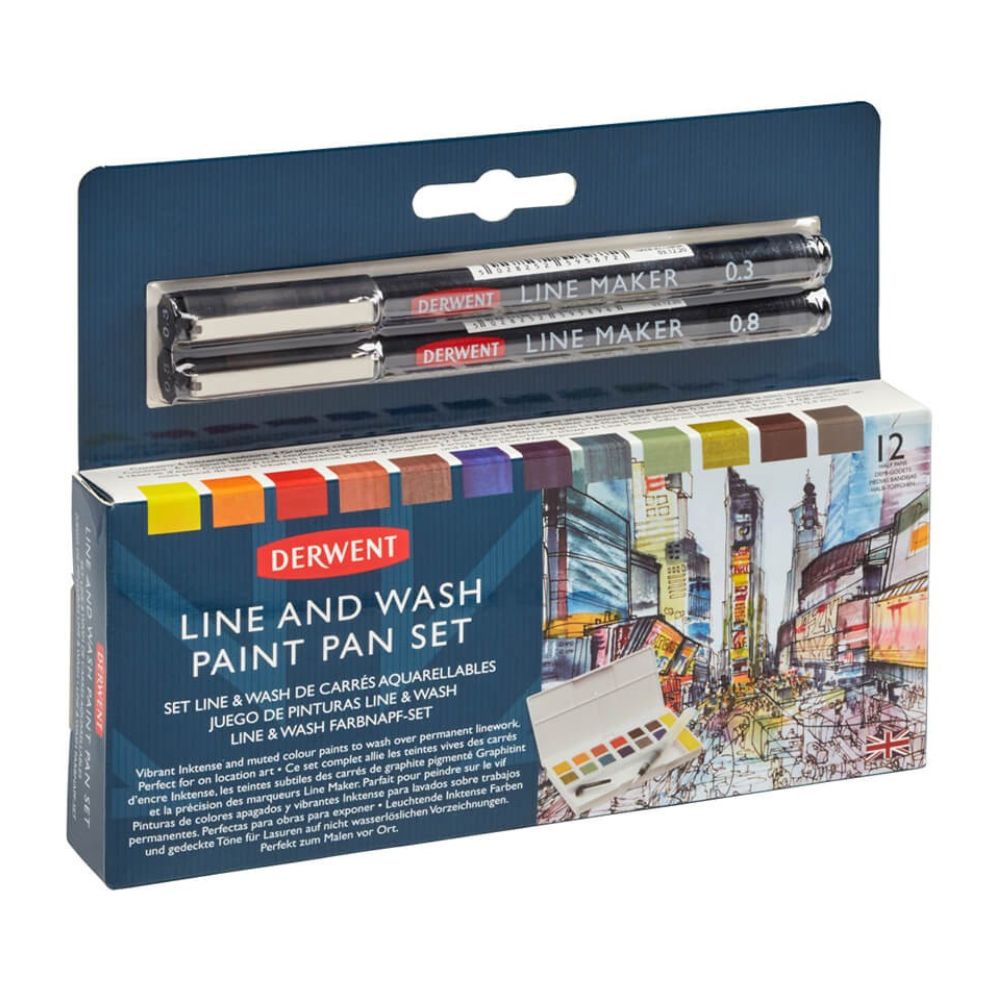 Estojo Aquarela em Pastilha Line And Wash com 12 Cores - Derwent  