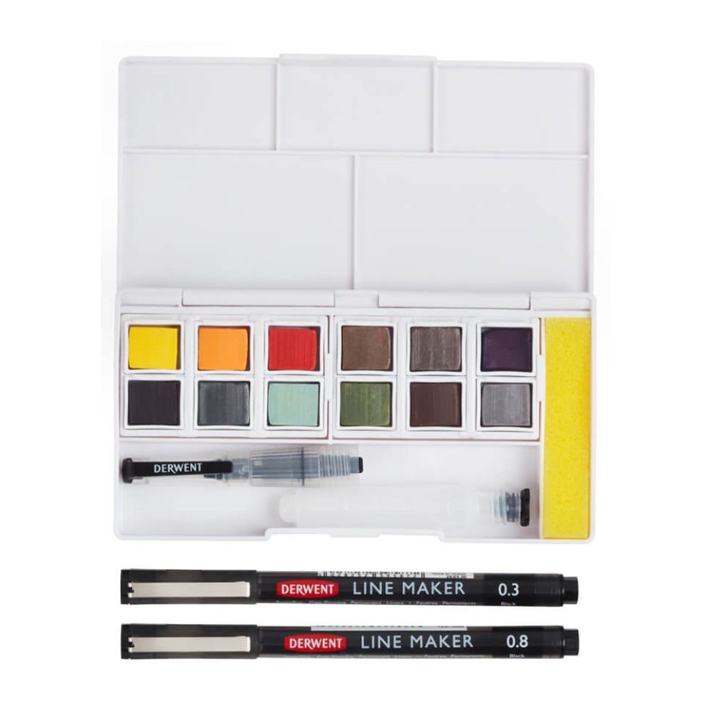 Estojo Aquarela em Pastilha Line And Wash com 12 Cores - Derwent  