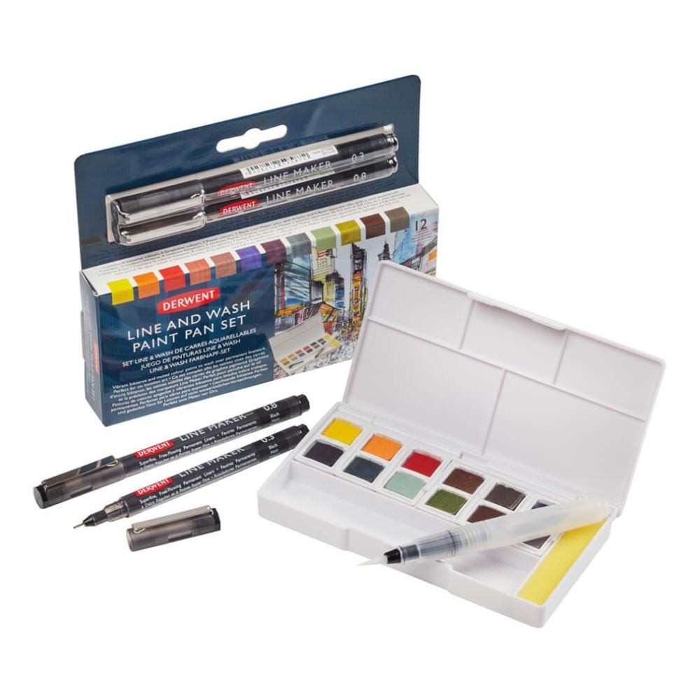 Estojo Aquarela em Pastilha Line And Wash com 12 Cores - Derwent  
