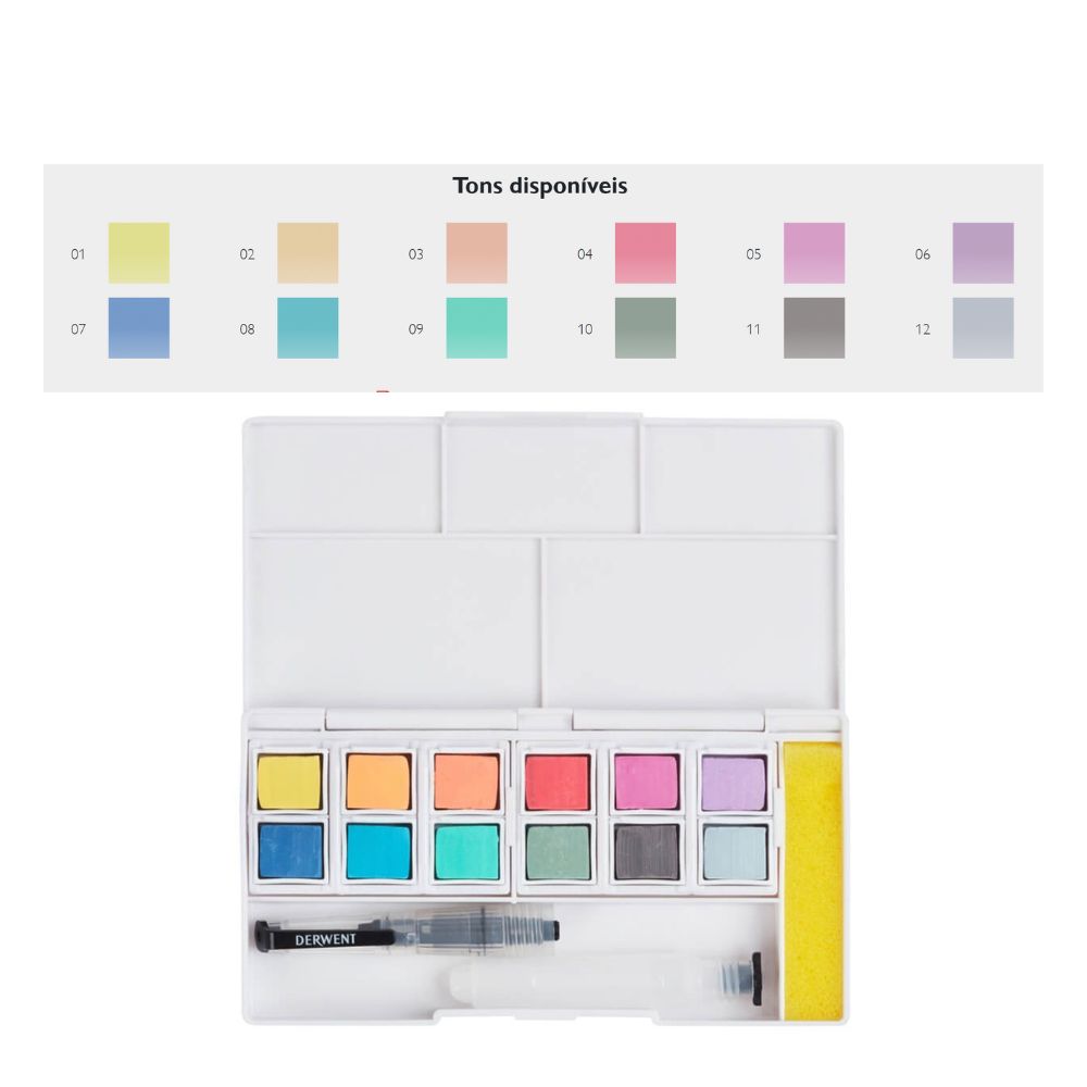 Estojo Aquarela em Pastilha Tons Pastel com 12 Cores - Derwent  