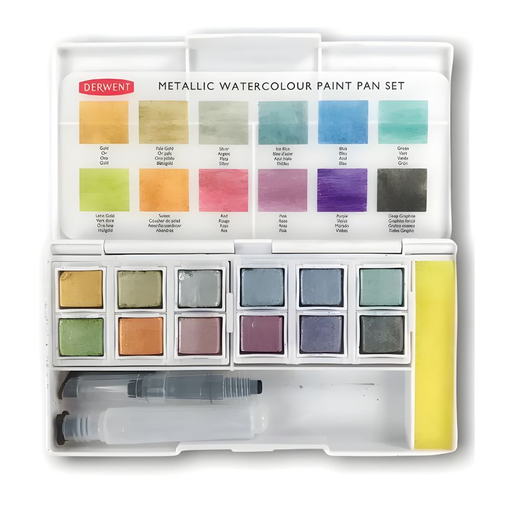 Estojo Aquarela em Pastilha Metálica com 12 Cores e Pincel Reservatório - Derwent  
