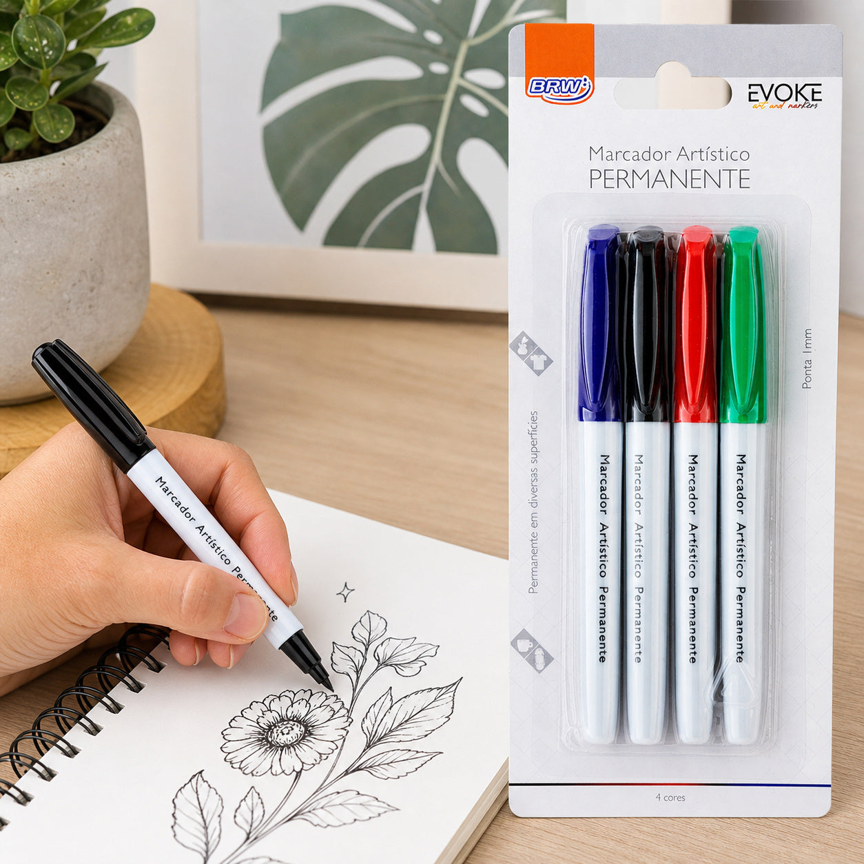 Marcador Artístico Permanente 4 Cores Azul Escuro Verde Vermelho Preto 1mm para Desenho e Marcação - Brw