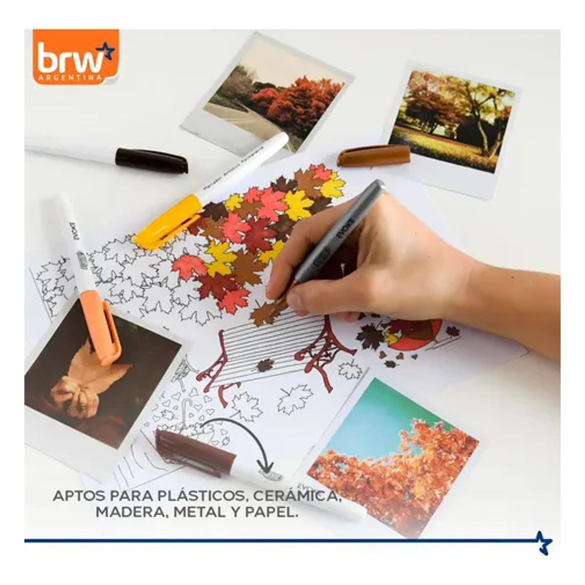 Marcador Artístico Permanente Autumn 5 Cores Amarelo Laranja Marrom Preto Dourado 1mm para Desenho e Marcação - Brw