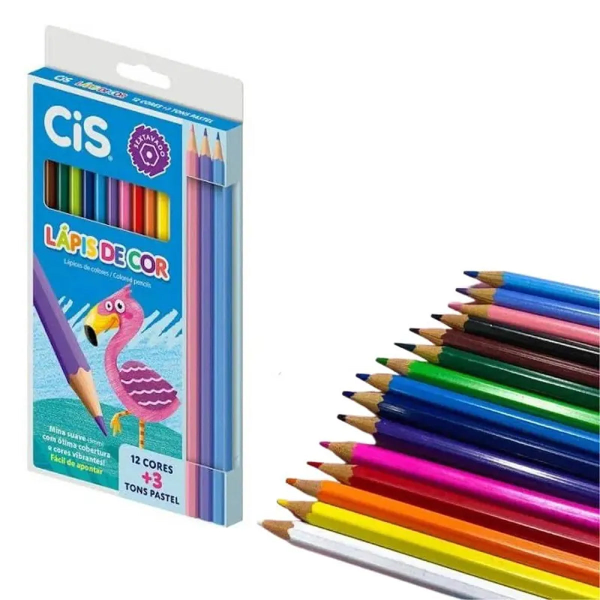 Estojo Lápis de Cor Sextavado 12 Cores com 3 Tons Pastel - Cis