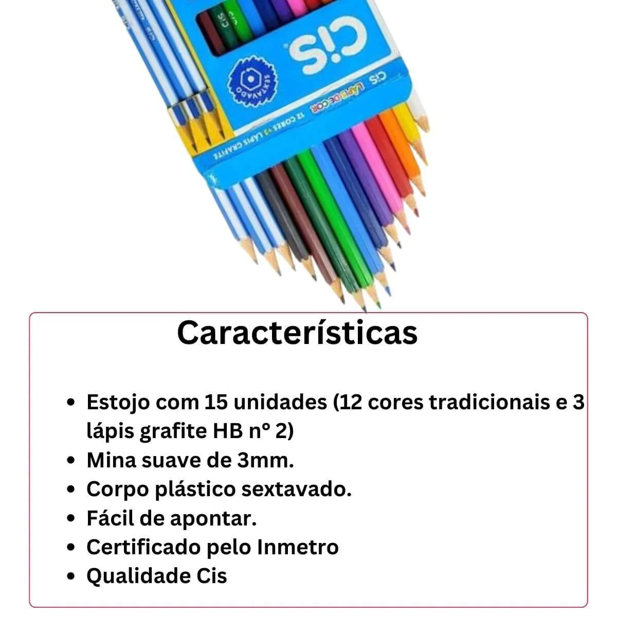 Estojo Lápis de Cor Sextavado 12 Cores com 3 Grafites Hb 2 - Cis