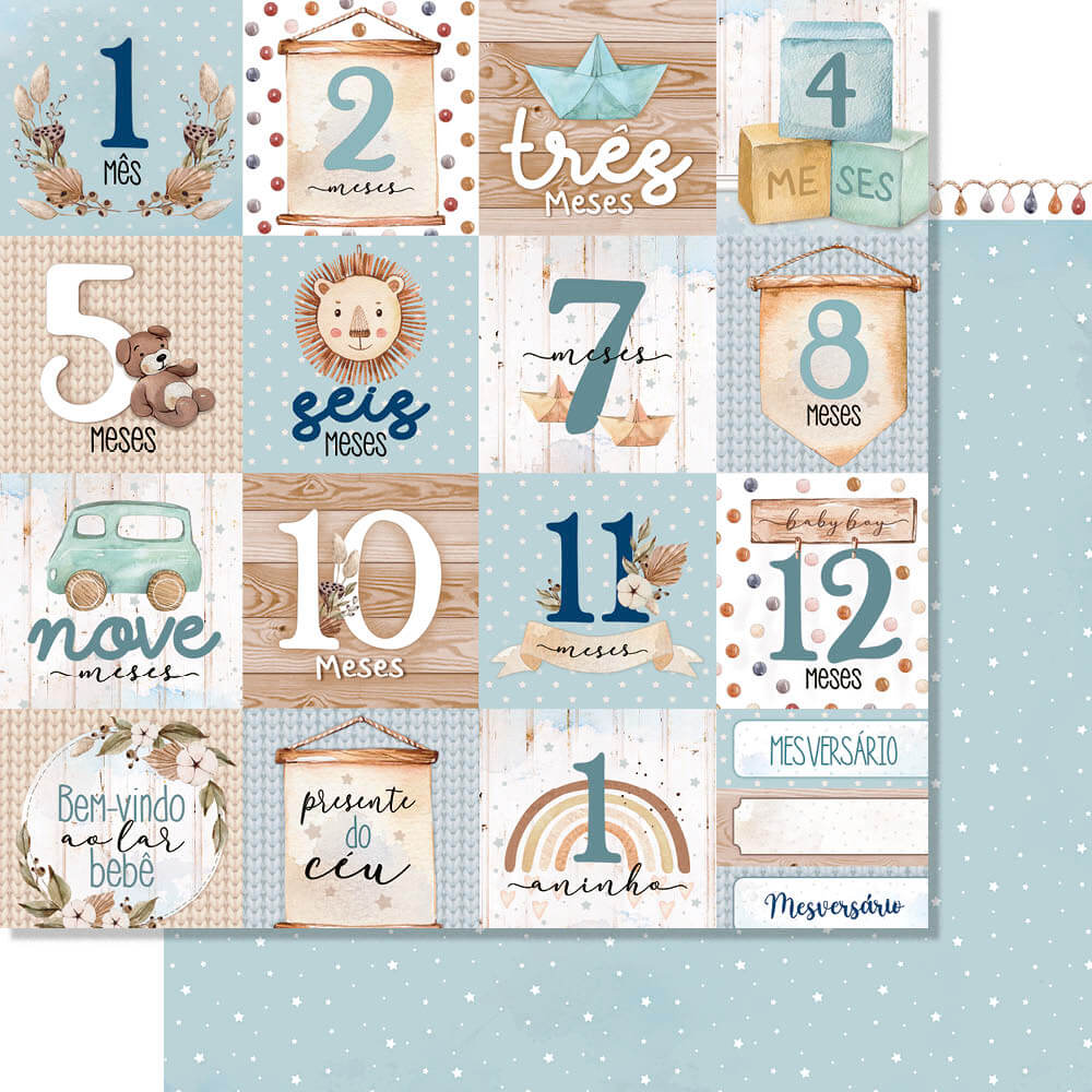 Papel para Scrapbook Dupla Face Coleção Boho Baby Boy 30,5x30,5cm para Scrapbook e Papelaria Criativa Sd-1213 - Litoarte
