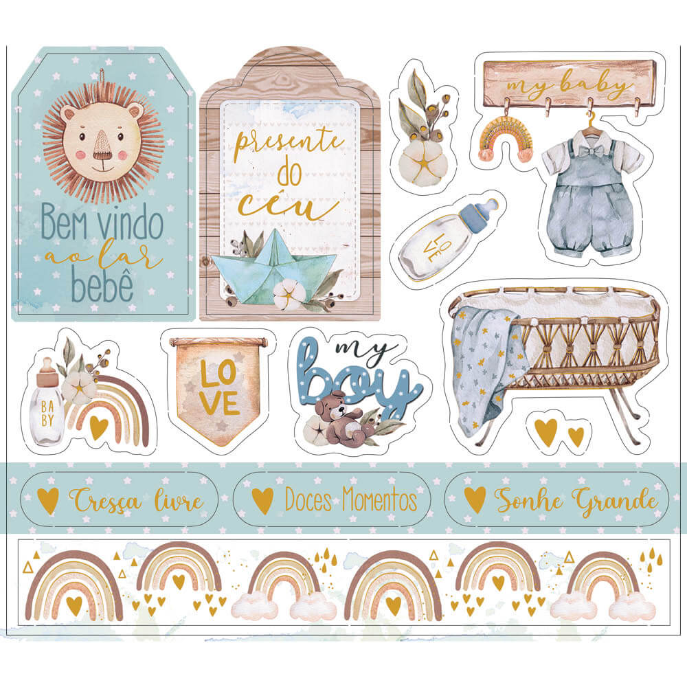 Die Cuts Apliques Recortados em Papel C Hot Stamping Coleção Boho Baby Boy 15,1x13,1cm para Scrapbook e Scrapdecor Ldch-012 - Litoarte