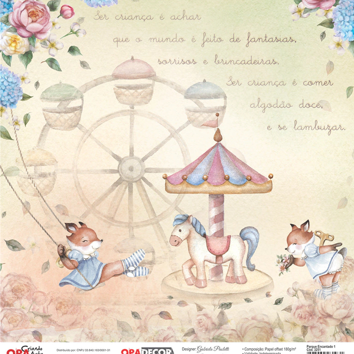Papel Opadecor Parque Encantado 1 30,5x30,5cm 180g/m² para Scrapbook e Artesanato 3251 - Opa