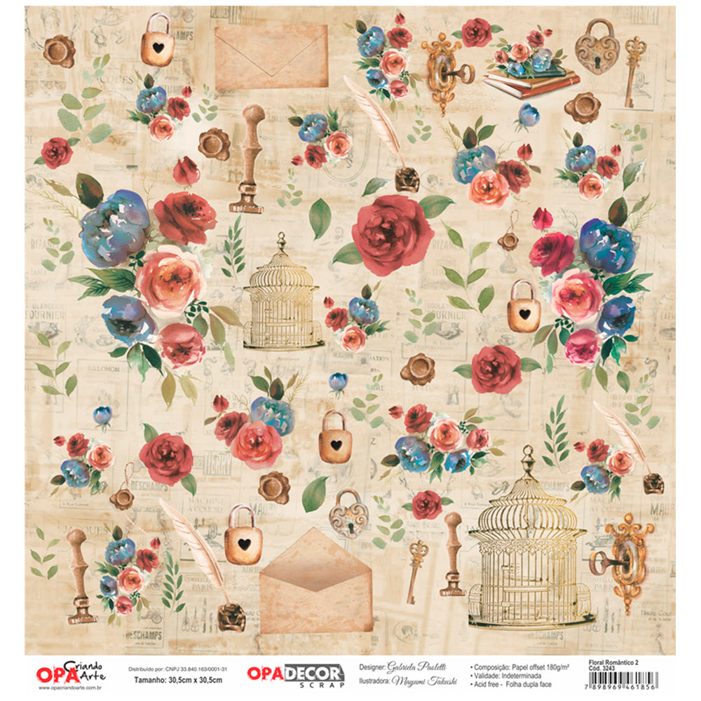 Papel Opadecor Floral Romântico 2 30,5x30,5cm 180g/m² para Scrapbook e Artesanato 3243 - Opa