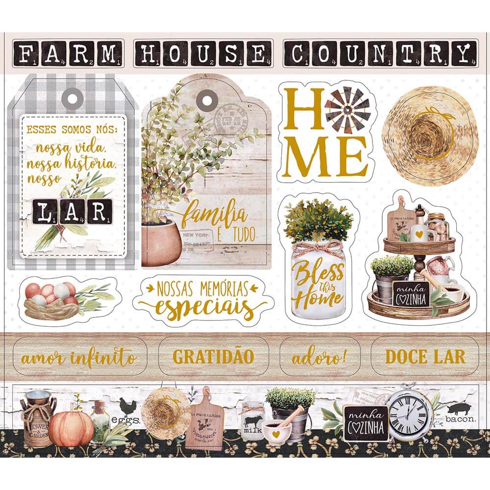 Die Cuts Apliques Recortados em Papel C Hot Stamping Coleção Farm House 15,1x13,1cm para Scrapbook e Scrapdecor Ldch-015 - Litoarte