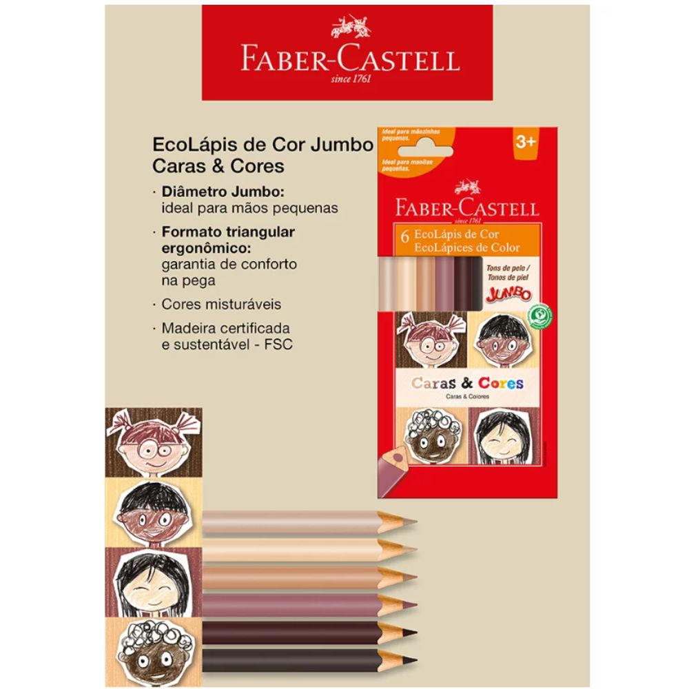 Estojo Lápis de Cor Ecolápis Jumbo Caras & Cores Tons de Pele 6 Cores - Faber-castell 125006cc