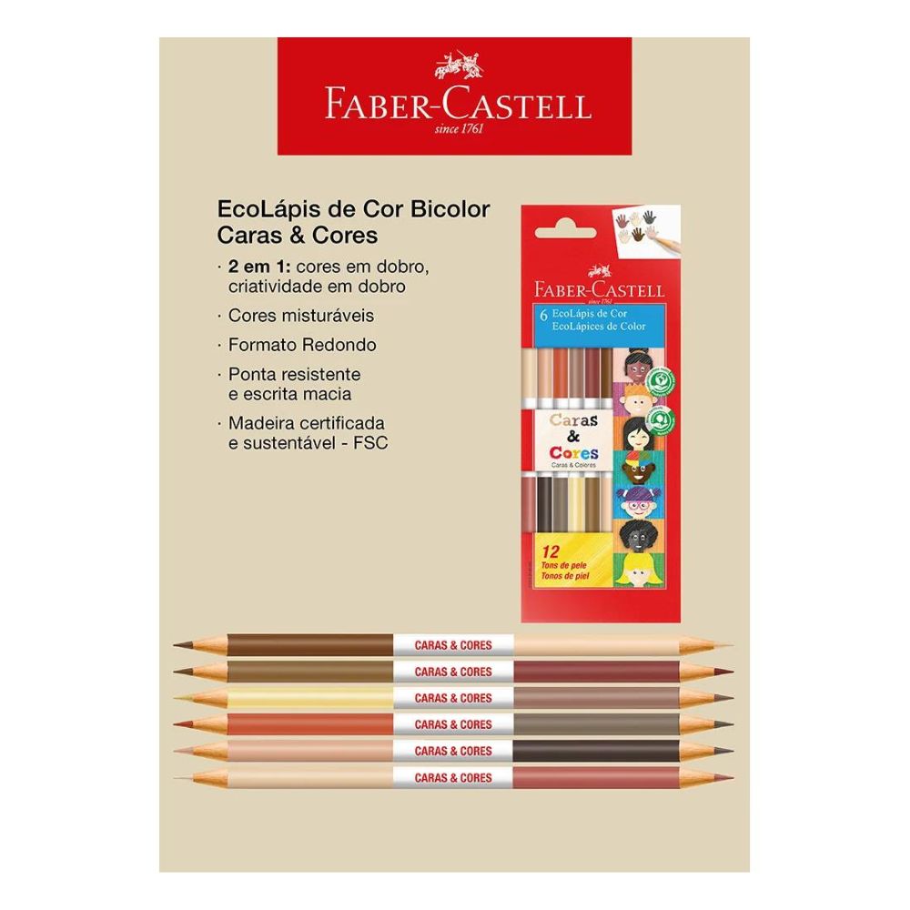 Estojo Lápis de Cor Ecolápis Caras & Cores Tons de Pele 12 Cores - Faber-castell 120606cc