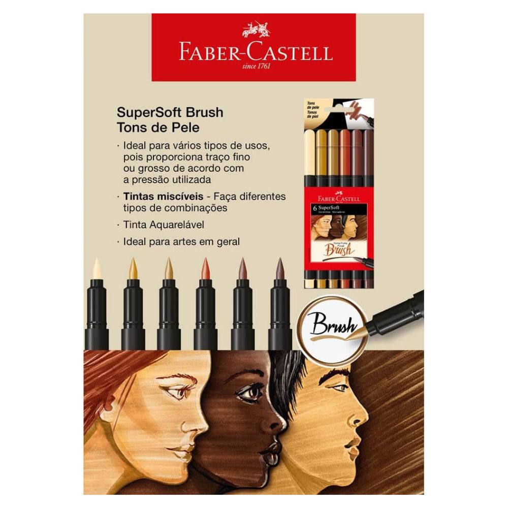 Estojo Caneta Brush Pen Supersoft Tons de Pele com 6 Cores - Faber-castell 15.0706Softtp